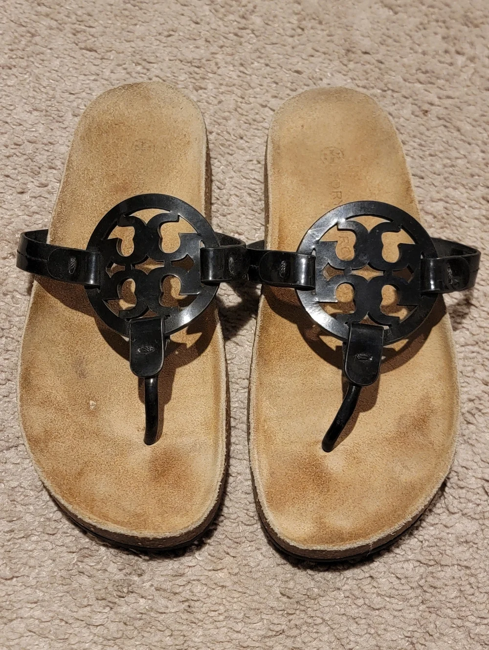 Tory Burch Miller Cloud Cork Sandals Black Patent Size 7.5